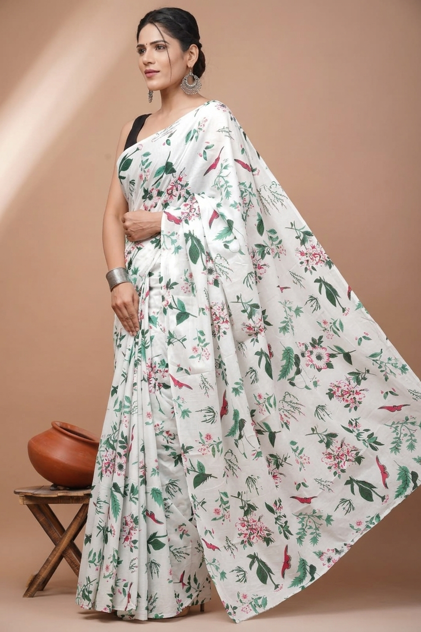 Ivory & Green floral cotton saree, product view 3.