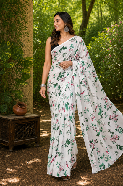 Ivory & Green floral cotton saree, product view 4.