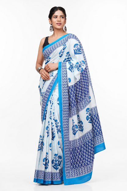 Blue & Ivory floral cotton saree, product view 1.