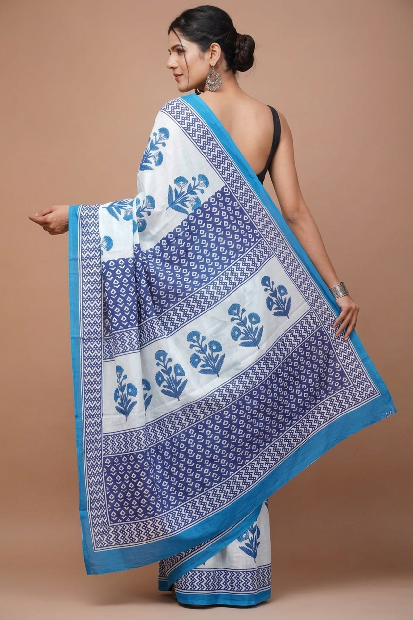 Blue & Ivory floral cotton saree, product view 2.