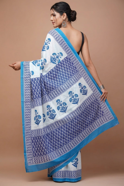 Blue & Ivory floral cotton saree, product view 2.