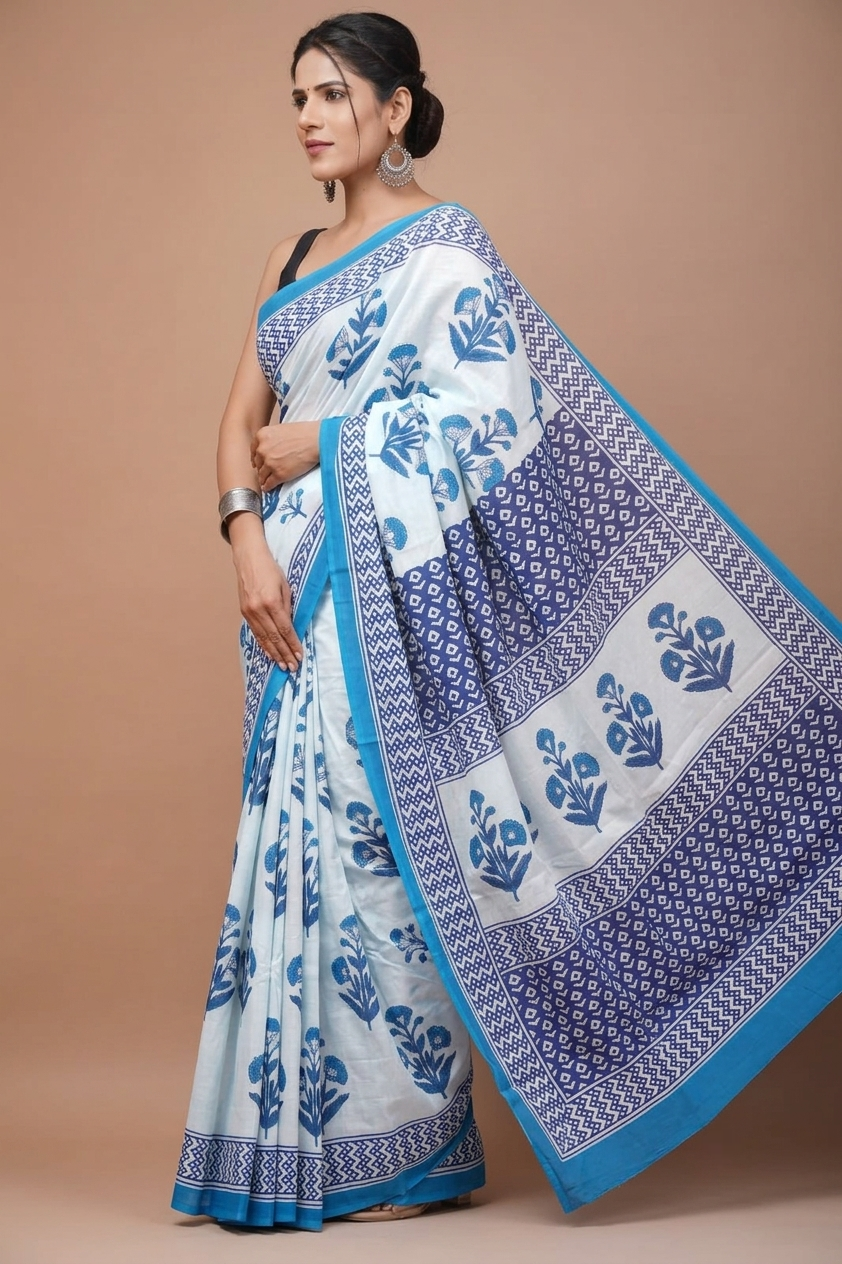 Blue & Ivory floral cotton saree, product view 3.