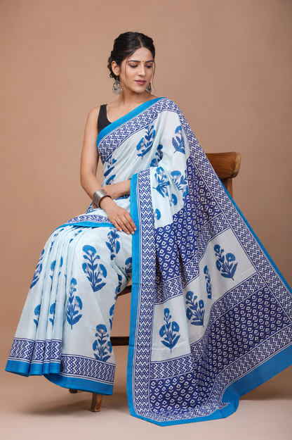 Blue & Ivory floral cotton saree, product view 4.