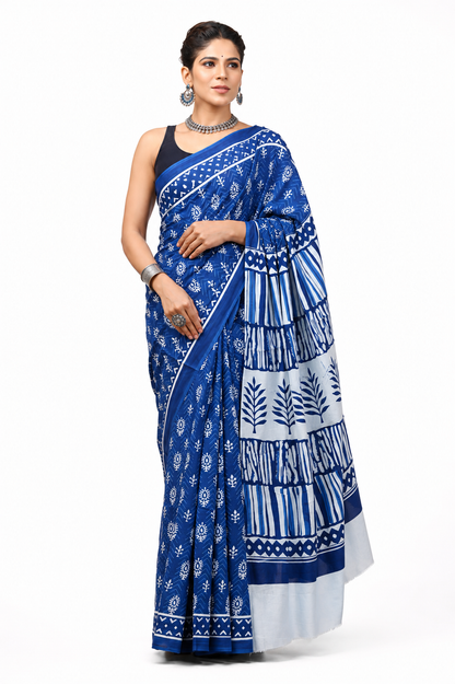 Indigo Blue & White leaf motif cotton saree, product view 1.