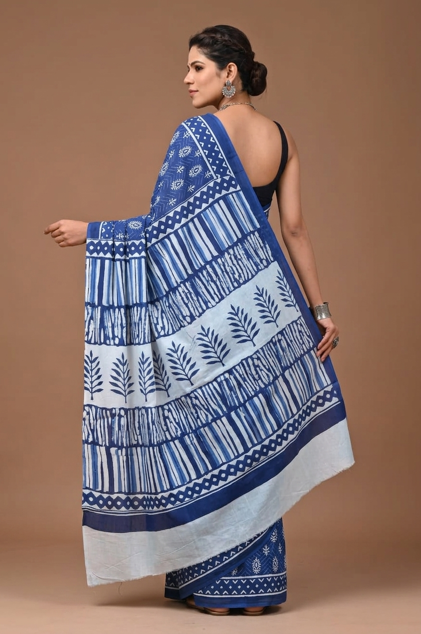 Indigo Blue & White leaf motif cotton saree, product view 2.