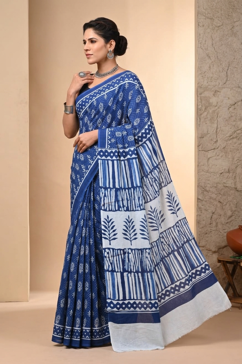 Indigo Blue & White leaf motif cotton saree, product view 3.