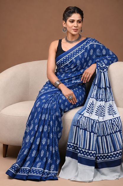 Indigo Blue & White leaf motif cotton saree, product view 4.