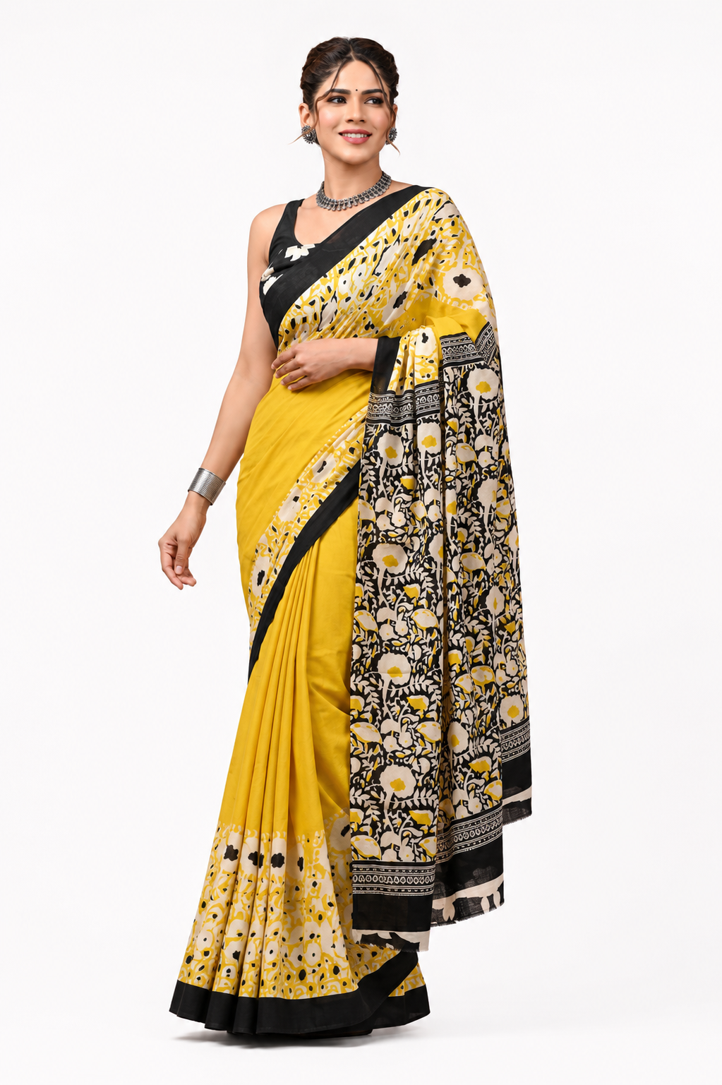 Mustard Yellow & Black floral cotton saree, product view 1.