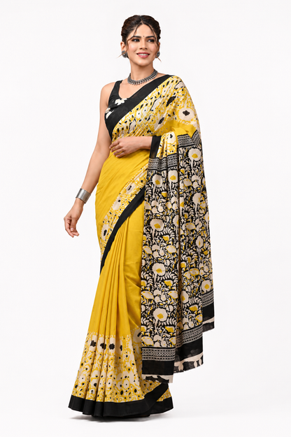 Mustard Yellow & Black floral cotton saree, product view 1.