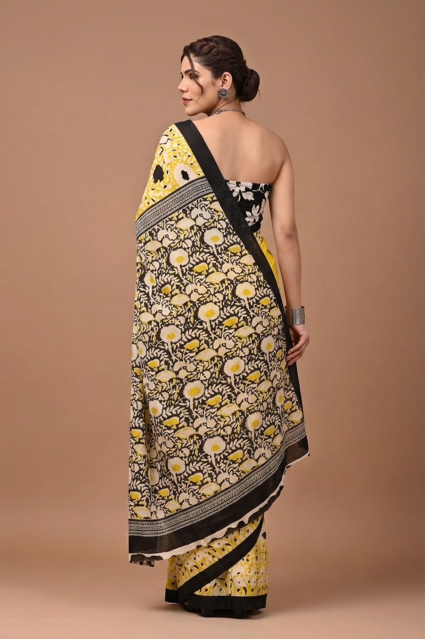 Mustard Yellow & Black floral cotton saree, product view 2.
