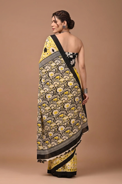 Mustard Yellow & Black floral cotton saree, product view 2.