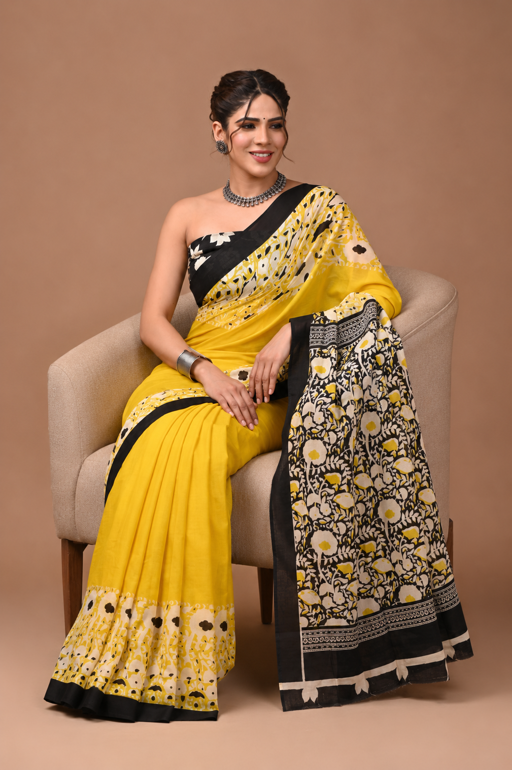 Mustard Yellow & Black floral cotton saree, product view 3.