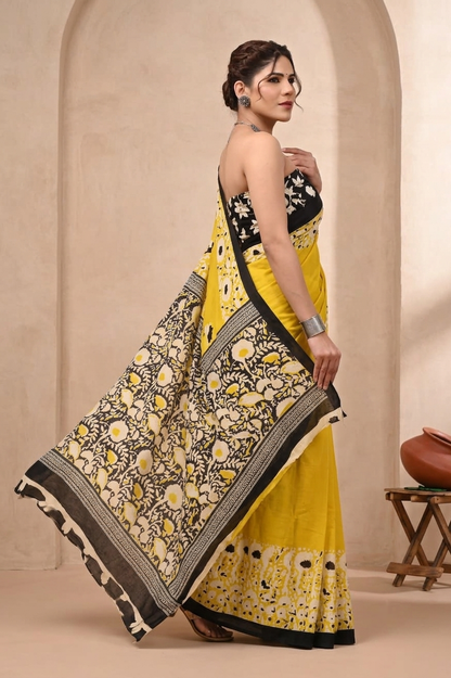 Mustard Yellow & Black floral cotton saree, product view 4.