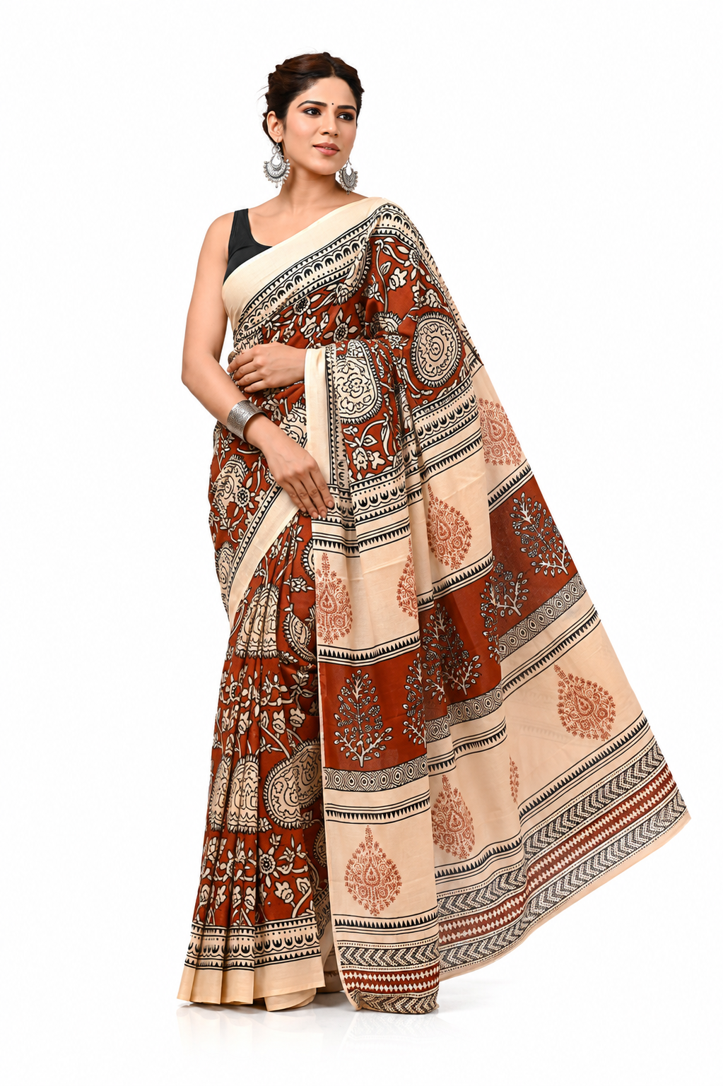 Rust & Cream paisley cotton saree, product view 1.