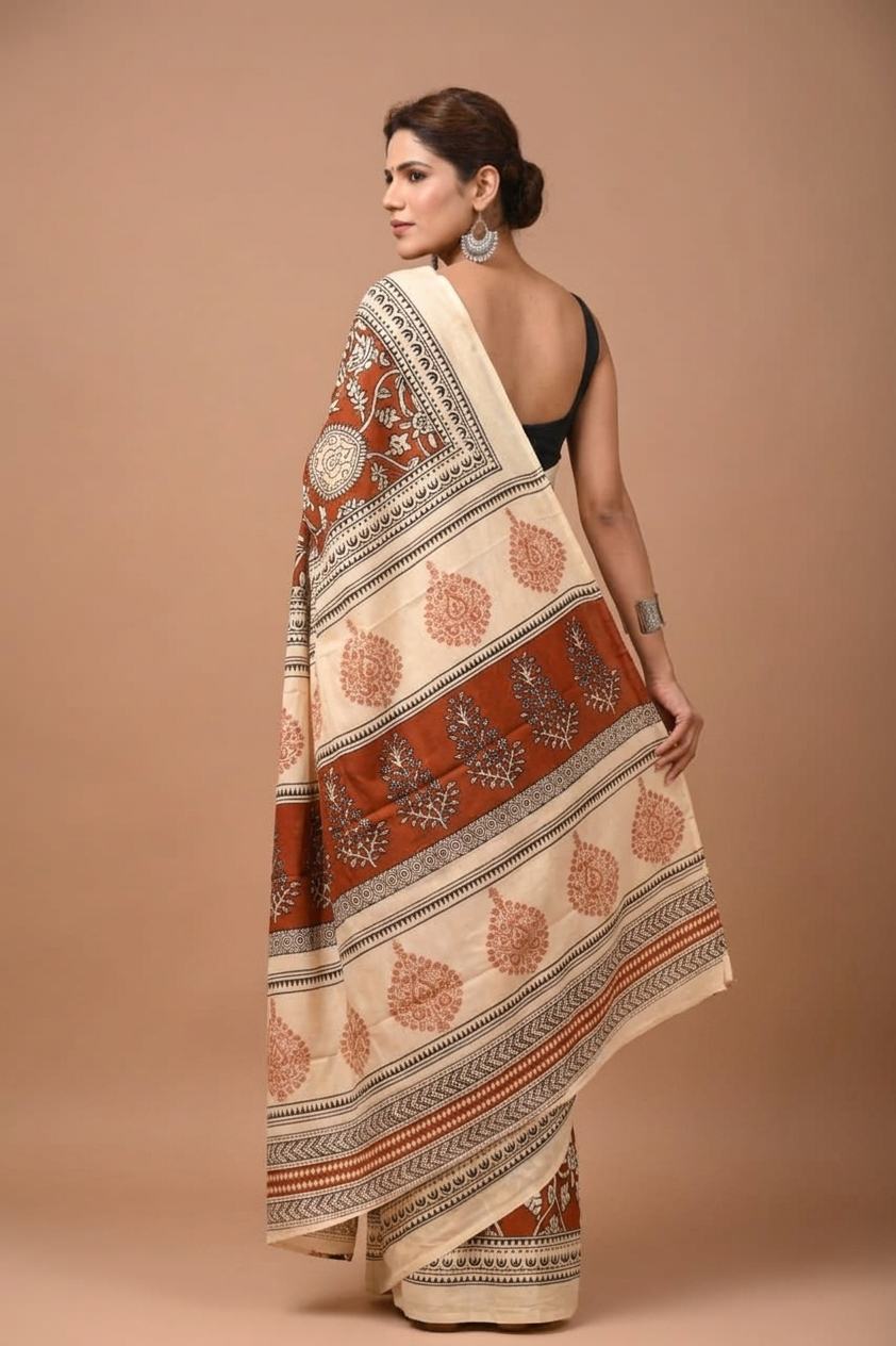 Rust & Cream paisley cotton saree, product view 2.