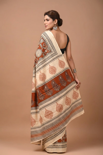 Rust & Cream paisley cotton saree, product view 2.