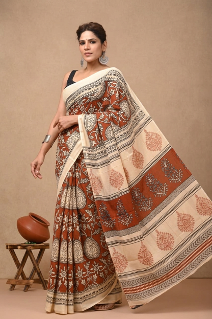Rust & Cream paisley cotton saree, product view 3.