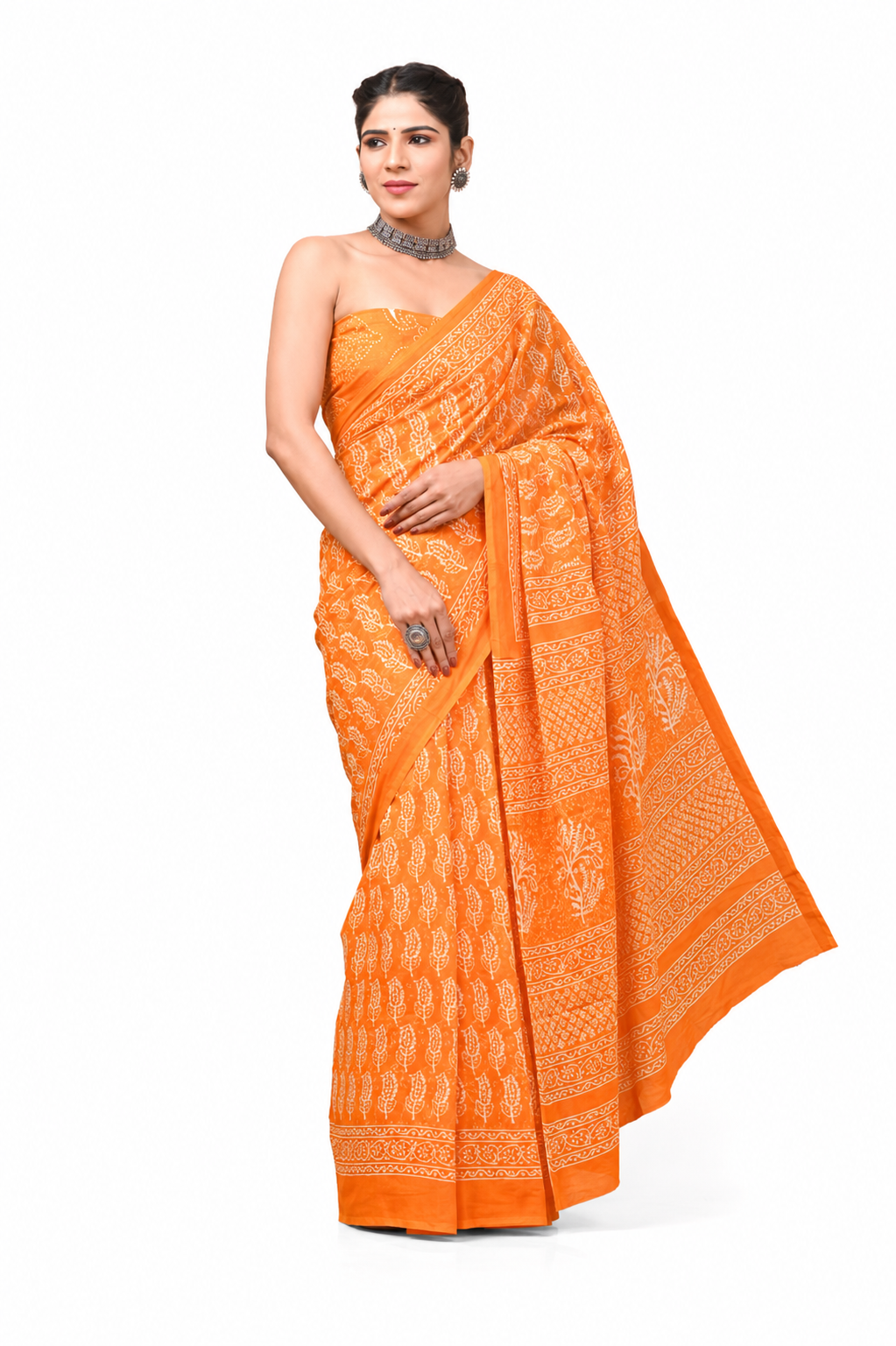 Orange & Ivory decorative motif cotton saree, product view 1.