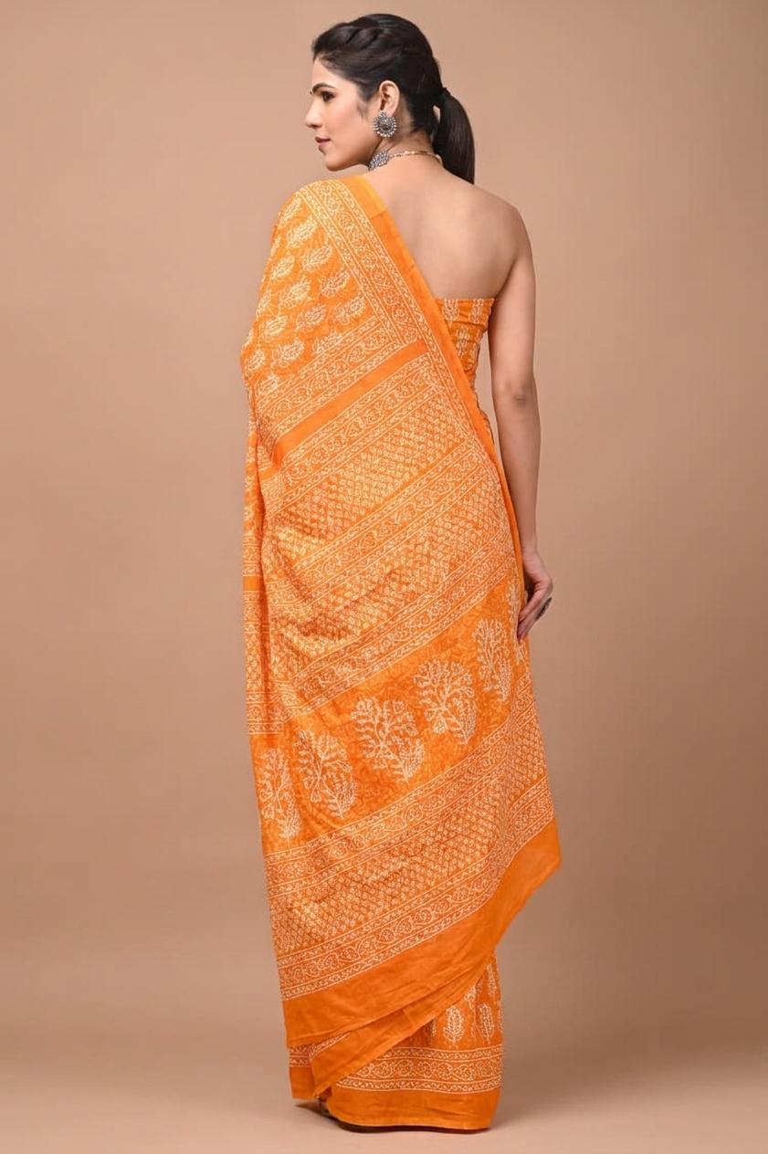 Orange & Ivory decorative motif cotton saree, product view 2.