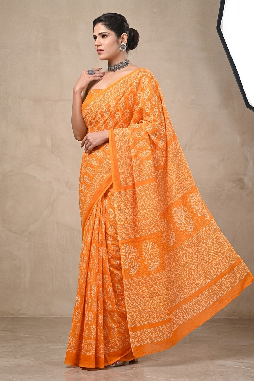 Orange & Ivory decorative motif cotton saree, product view 3.