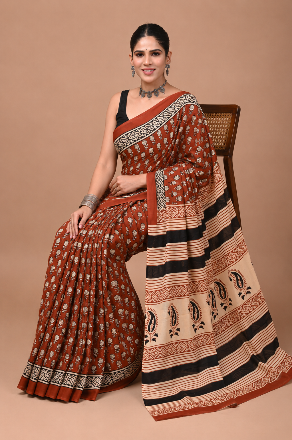 Maroon & Cream botanical cotton saree, product view 1.