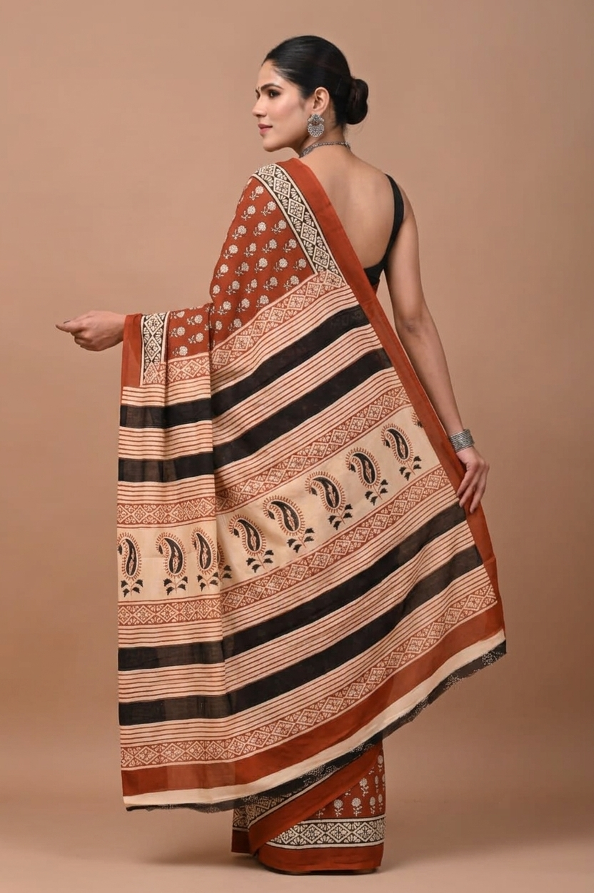 Maroon & Cream botanical cotton saree, product view 2.