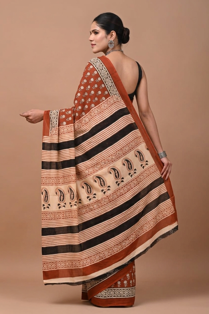 Maroon & Cream botanical cotton saree, product view 2.