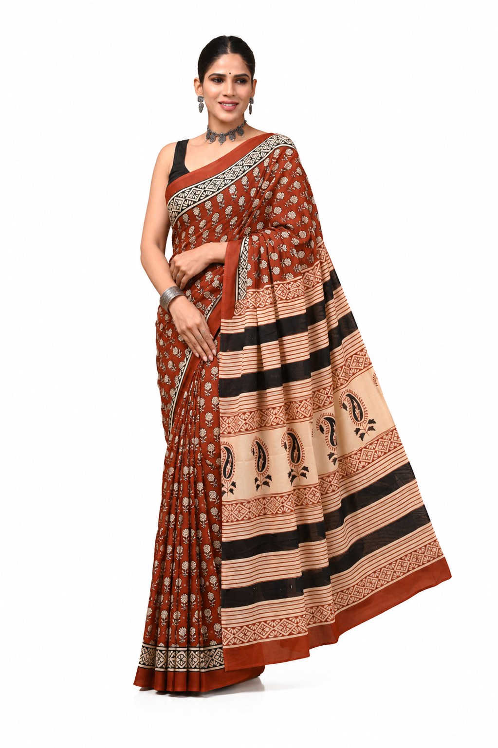 Maroon & Cream botanical cotton saree, product view 4.